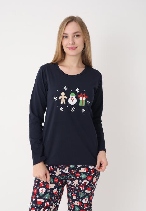 Pijama dama Craciun,maneca lunga si pantaloni lungi,imprimeu figurine festive, En-gros